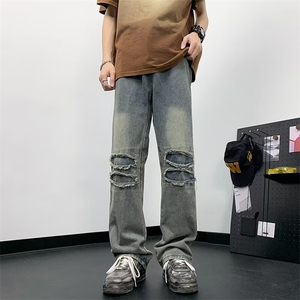 破洞渐变牛仔裤男生春夏季青少年潮牌痞帅宽松直筒裤 N9003图片