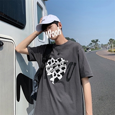 港风新款奶牛爱心印花T恤男夏季韩版学生情侣装半袖衫T126P35控49，男装T恤，电商A089-1