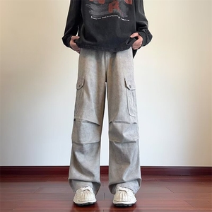 大理石纹褶皱伞兵工装裤男秋季潮牌复古设计感美式阔腿休闲长裤子图片