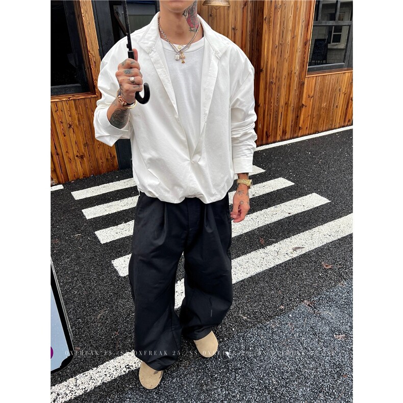 老钱风男装假两件长袖衬衫男款秋季套头式衬衣轻熟风立领短款外套,男装衬衫,星座205-3
