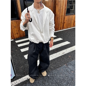 老钱风男装假两件长袖衬衫男款秋季套头式衬衣轻熟风立领短款外套图片