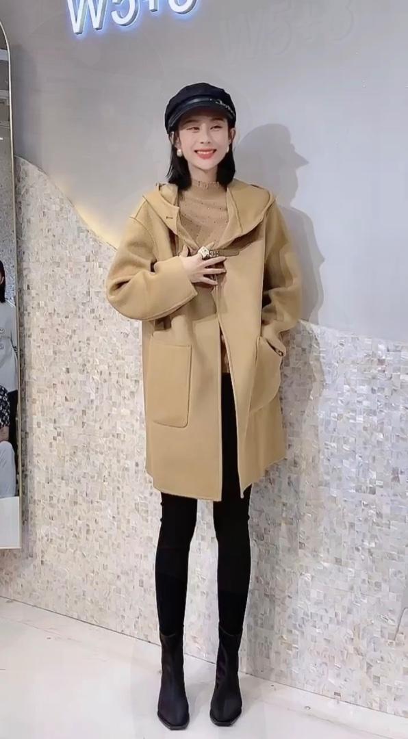2021秋冬新款韩中长款连帽大口袋拼皮扣休闲双面呢,女装其它,L·H·X