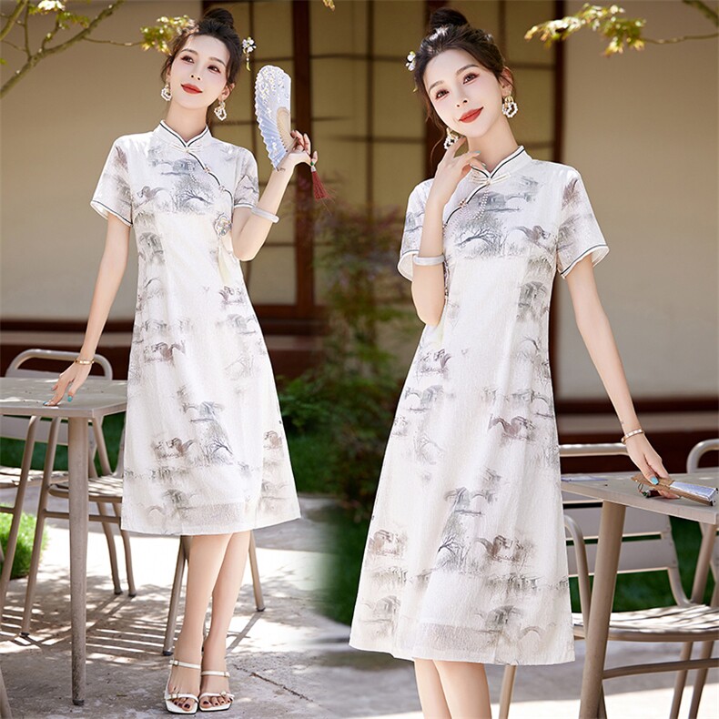 新中式素雅水墨印花连衣裙女2024夏季新款小个子修身国风旗袍裙子,女装连衣裙,艾仟回(原伊仟回)
