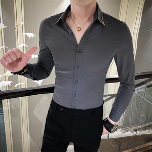 2021春秋男衬衫英伦长袖上衣纯色男装韩版修身四季多色衬衣H530-P55图片