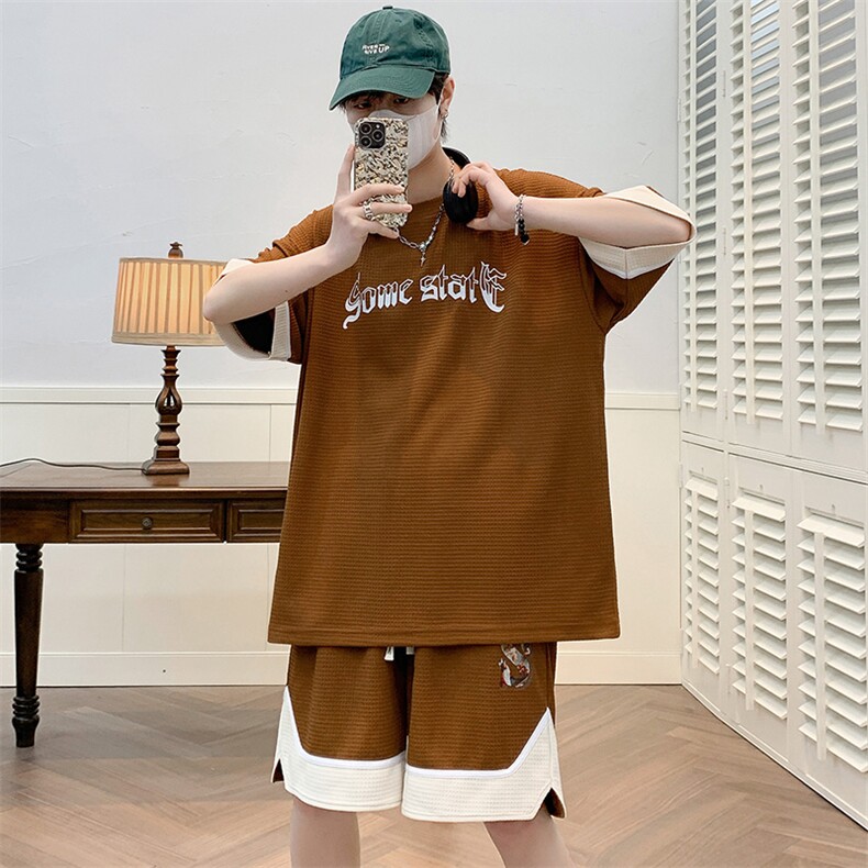 夏季撞色华夫格运动短裤T恤男女冰感印花短袖套装6617-P70控价98，男装T恤，电商A441-1