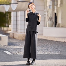 【bao款格雷灰系列】2026春装新中式盘扣马甲八分裤打底衫三件套，女装套装/套裙，雅静靓衣