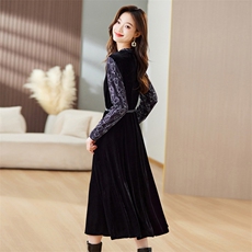 映雪照荧2024年秋季新款收腰显瘦长袖丝绒拼接蕾丝中长连衣裙，女装连衣裙，江南富贵女