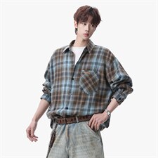 衬衫男春季新款港风宽松大码磨毛格子长袖衬衣CS618-P35，男装衬衫，星座214-3