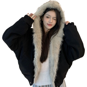 现货高品质美式高街冬季重磅硬挺短款座山雕毛领棉衣男女加厚外套图片