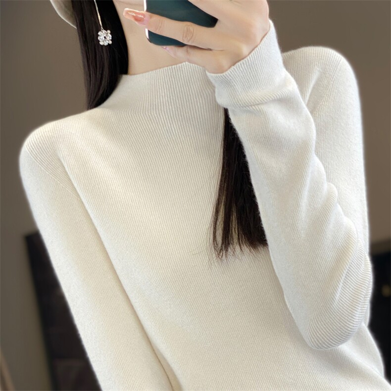 通勤优雅气质半高领无缝一线成衣针织衫女修身显瘦内搭打底衫毛衣,针织衫/毛衣,昭美羊绒
