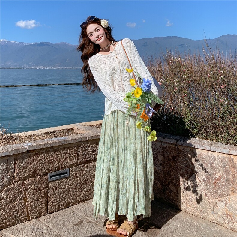 夏新款镂空针织衫碎花半身裙两件套韩系温柔风气质套装女,女装套装/套裙,维壹