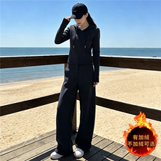 休闲运动套装女秋冬新款纯色拉链开衫卫衣抽绳阔腿长裤显瘦两件套，女装套装/套裙，江南