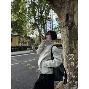 绑带羊毛花纱夹克正肩合身通勤可翻领毛呢外套JK1043图片