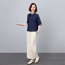 2025夏季新款时尚套装女立领真丝提花上衣阔腿裤两件套久恒雅鑫，女装套装/套裙，凝聚力
