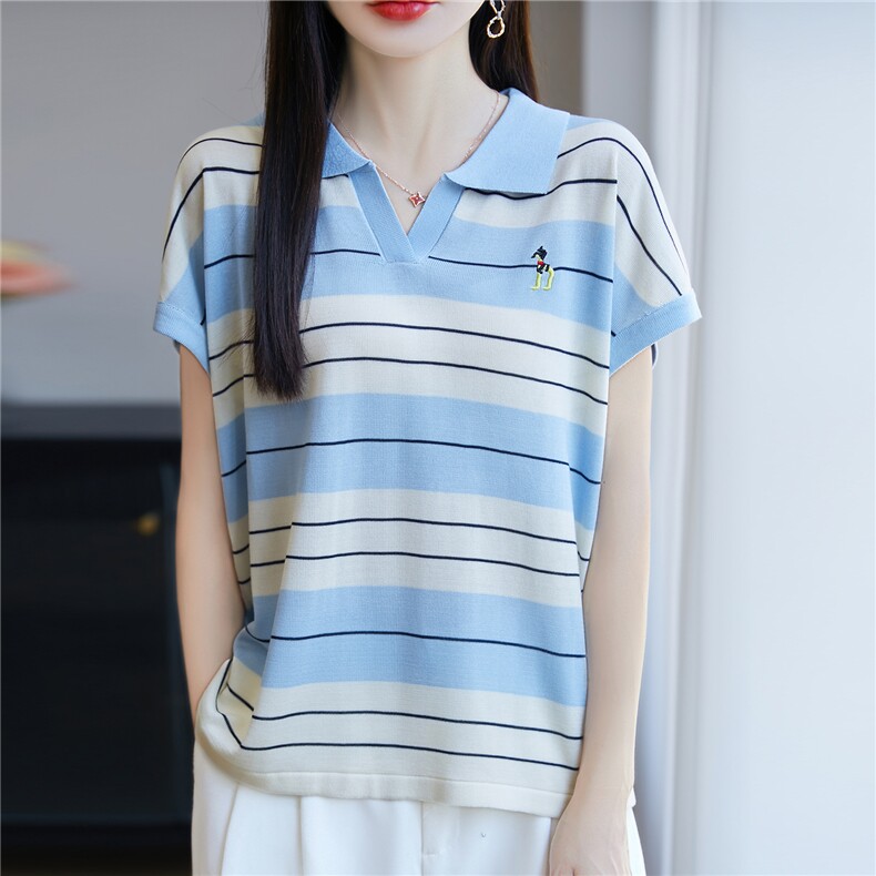 2025夏新款撞色条纹polo领针织冰丝小飞袖上衣女洋气短袖t恤小衫,针织衫/毛衣,唐诺