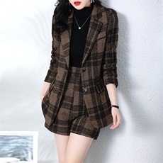 呢子西装套装女2025新款春秋季小香风高端职业气质短裤格子两件套，女装套装/套裙，韩然一族