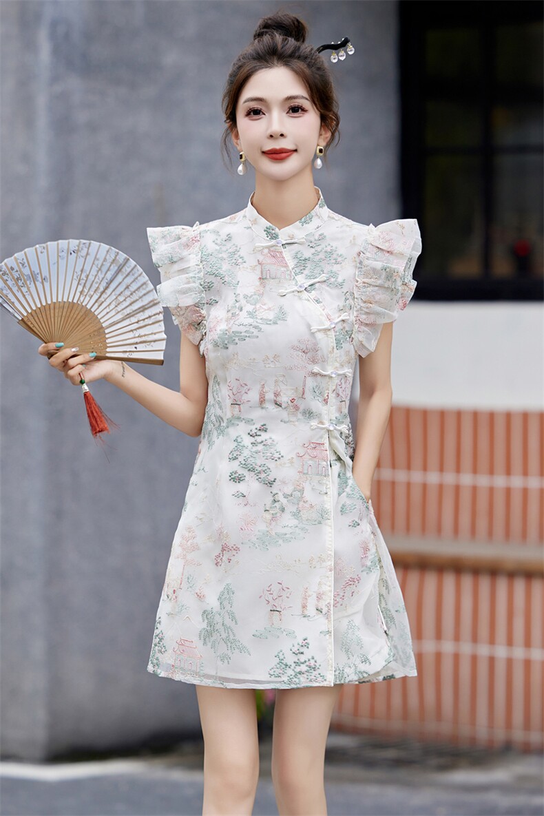 新中式国风改良旗袍套装女2024夏季新款小个子盘扣刺绣短裤两件套,女装套装/套裙,然然