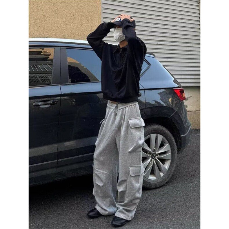 灰色重磅多口袋工装卫裤男宽松垂感阔腿裤直筒休闲运动裤K9005,男装休闲裤,星座1116A（原606A-3）