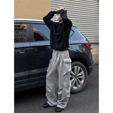 灰色重磅多口袋工装卫裤男宽松垂感阔腿裤直筒休闲运动裤K9005，男装休闲裤，星座1116A（原606A-3）
