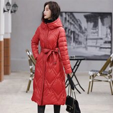 中长款系带羽绒服女2023冬季新款韩版连帽长袖保暖修身中长款外套,女装羽绒服,素月