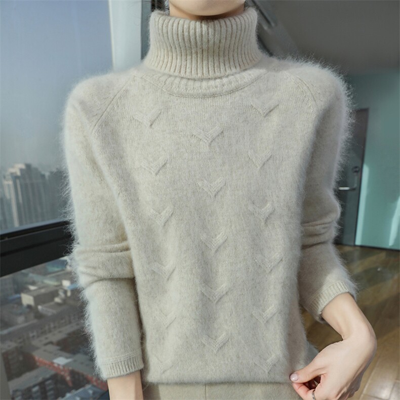 秋冬季新款舒适时尚百搭加厚心型高领貂绒衫，女装针织衫/毛衣，冬贝尔貂绒