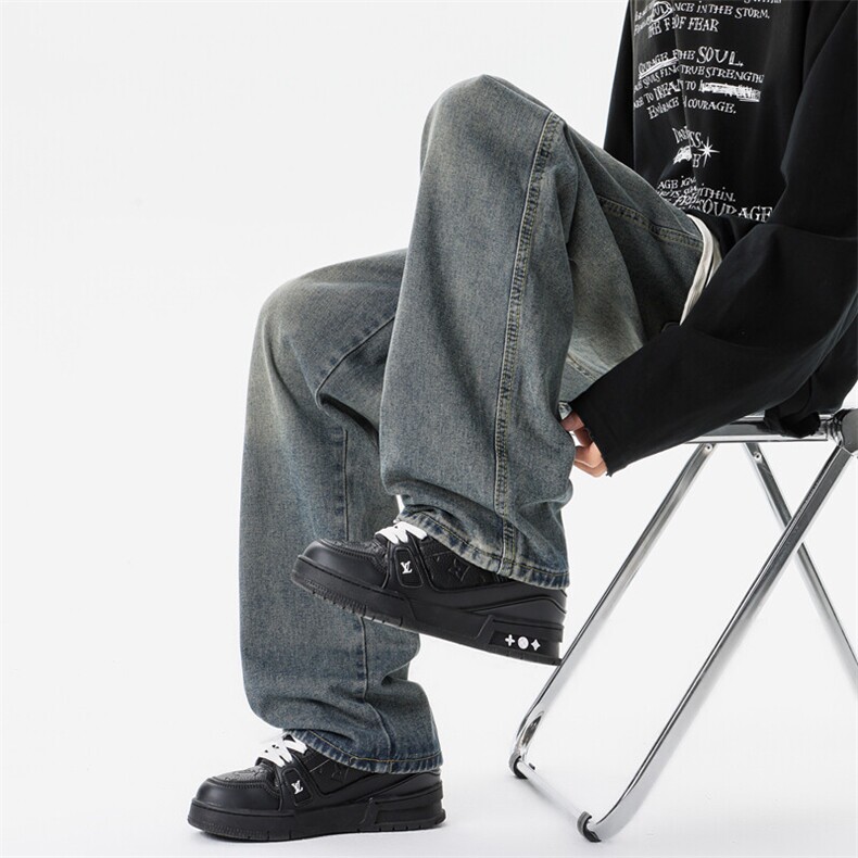 M-8XL春季美式复古牛仔裤特大码宽松直筒裤子阔腿长裤NZ9009/P58,男装牛仔裤,电商B238