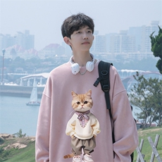 抖音得物高品质日系猫咪麂皮绒宽松圆领卫衣wyjp4048-特p35控69，男装卫衣，星座605(原A050)