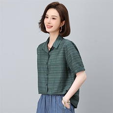 2025夏季新款时尚气质宽松显瘦休闲舒适潮流条纹上衣，女装衬衫，独衣靓
