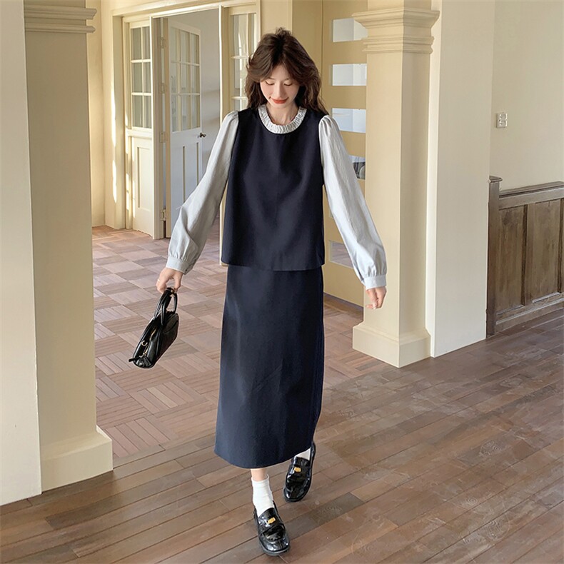 撞色拼接套装裙女2025春季新款学院风减龄假两件上衣半身裙两件套,女装套装/套裙,2C176