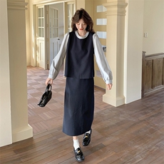 撞色拼接套装裙女2025春季新款学院风减龄假两件上衣半身裙两件套，女装套装/套裙，2C176