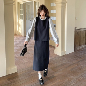 撞色拼接套装裙女2025春季新款学院风减龄假两件上衣半身裙两件套图片