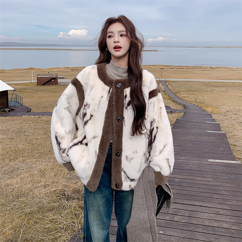 水墨画羊羔毛外套2C170--8018--P205控298,女装毛呢外套,2C170