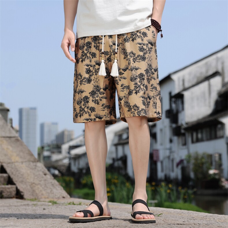 夏季亚麻风五分裤男棉麻印花宽松短裤个性A266-1-KZ773-P40,男装牛仔裤,电商A266-1