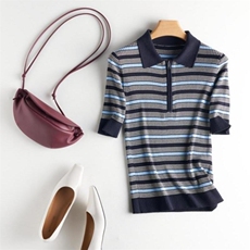 2025年秋季新款POLO珑蓝色条纹针织短袖时尚休闲通勤百搭，女装T恤，致织羊绒