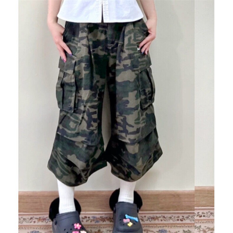 2025新款美式复古迷彩工装裤男女宽松直筒阔腿休闲七分短裤D3309,男装牛仔裤,星座601-2