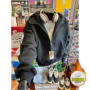 480G重磅加绒硬挺boxy男女秋冬美式高街防风高领卫衣开衫厚外套