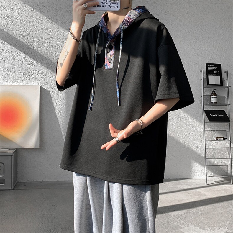 T10111-特P30夏季小熊拼接设计感连帽潮牌大码T恤短袖男,男装T恤,电商A059