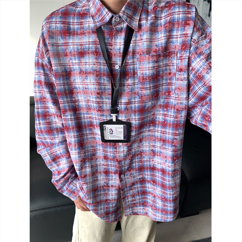 现货~扎染格子大码长袖衬衫C5885/特P28红,男装衬衫,电商A094