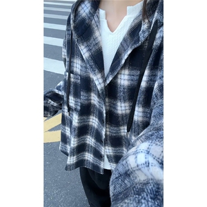 特批45 数据款港风连帽格子衬衫宽松外套男女百搭格子外套CS2399图片