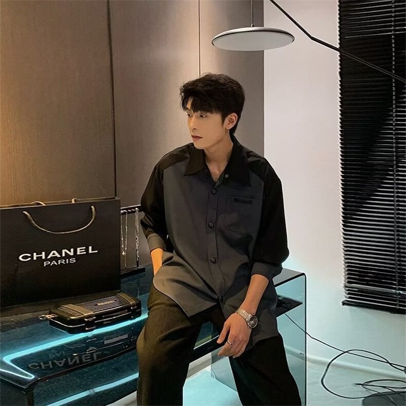 C224-P38港风潮流男士拼色长袖衬衫春求男装休闲痞帅韩版宽松，男装衬衫，电商B323A