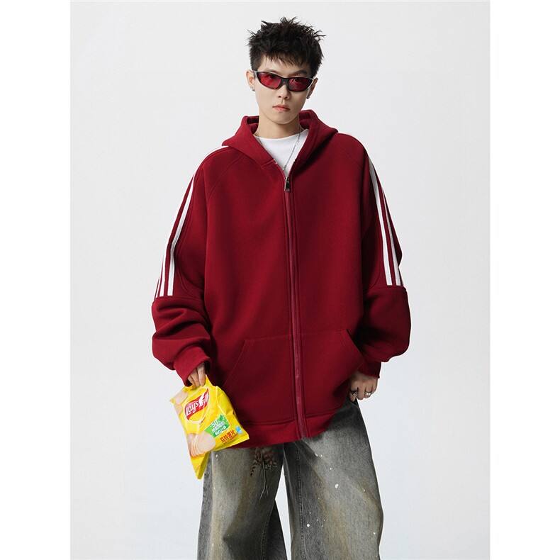 8XL-M秋冬美式运动三条杠条纹开衫卫衣连帽特大码宽松JK5206/P65,男装卫衣,电商B238