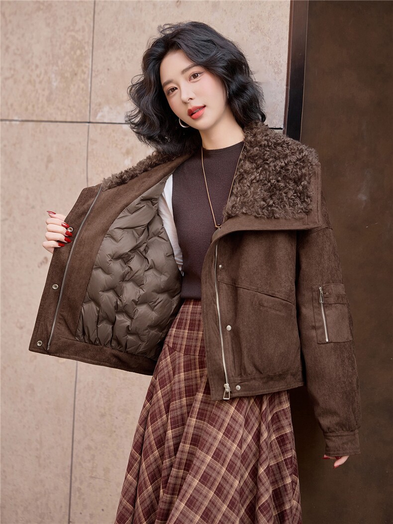 羽绒服外套女2025年冬季新款时尚羊羔毛拼接羽绒外套女,女装羽绒服,沁沁公主