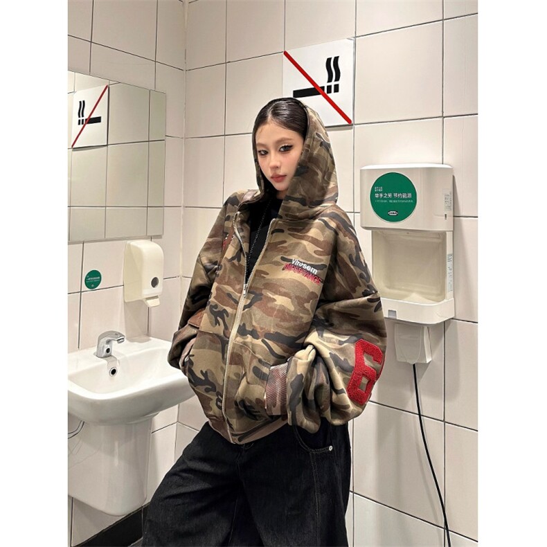 秋季新款迷彩开衫连帽运动衫男女覆古宽松百搭情侣外套W8287,女装短外套,星座1116A（原606A-3）
