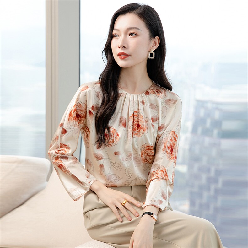 粉色印花高级春装新款真丝衬衫女洋气真丝套头圆领长袖上衣,女装衬衫,阿舍尔精品