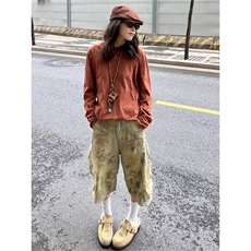 夏季美式高街做旧复古脏染牛仔裤阔腿七分裤子男女情侣短裤弯刀裤，男装牛仔裤，星座506A