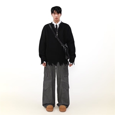 M29-P502025美式半拉链破坏毛衣男秋冬款宽松慵懒风设计感，男装针织衫/毛衣，电商B323A