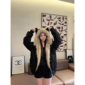 现货重磅硬挺boxy羽绒棉衣座山雕猫耳大毛毛领麂皮棉服冬外套图片