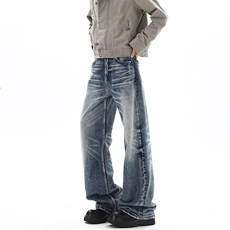 03深海蓝宽松直筒牛仔裤猫须蜂窝通勤长裤男XZ211-1-K2609-P55，男装牛仔裤，星座211-1