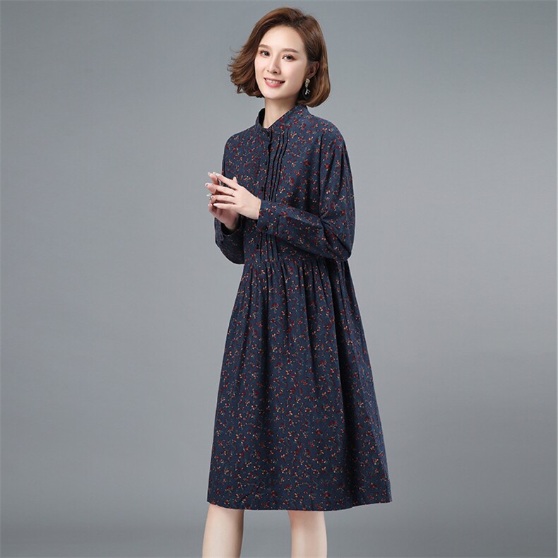 2021春季新款简约时尚舒适立领中长款休闲碎花连衣裙,女装连衣裙,小林双子