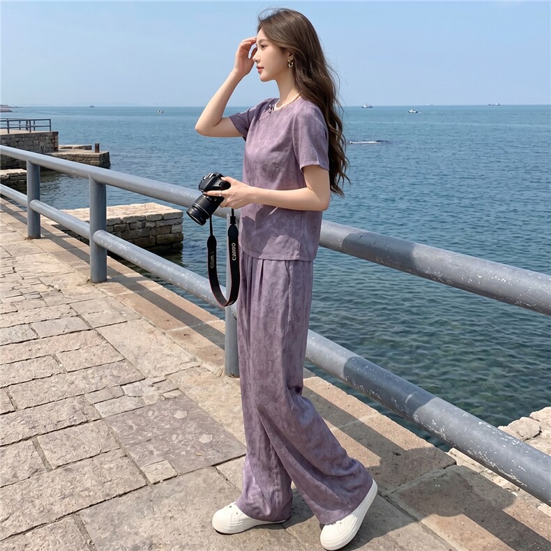 新中式气质减龄套装女夏款气质显瘦刺绣印花上衣阔腿长裤两件套,女装套装/套裙,江南